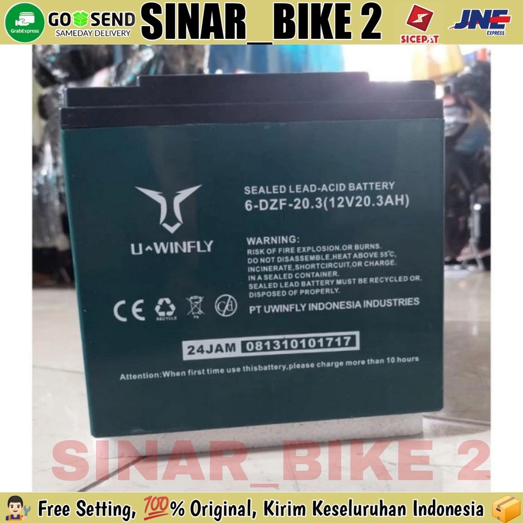 (Harga 1 Pcs ) Batrai Aki Motor Listrik Uwinfly Vespa T3 12V 20.3Ah