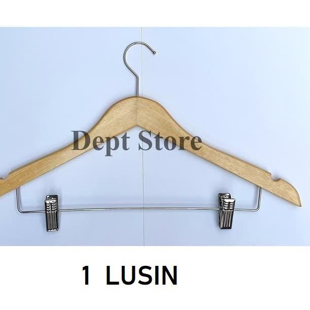❄ Hanger Kayu Jepit Besi (1 Lusin) Gantungan Baju Model Palang Jepit Besi Setelan ♪