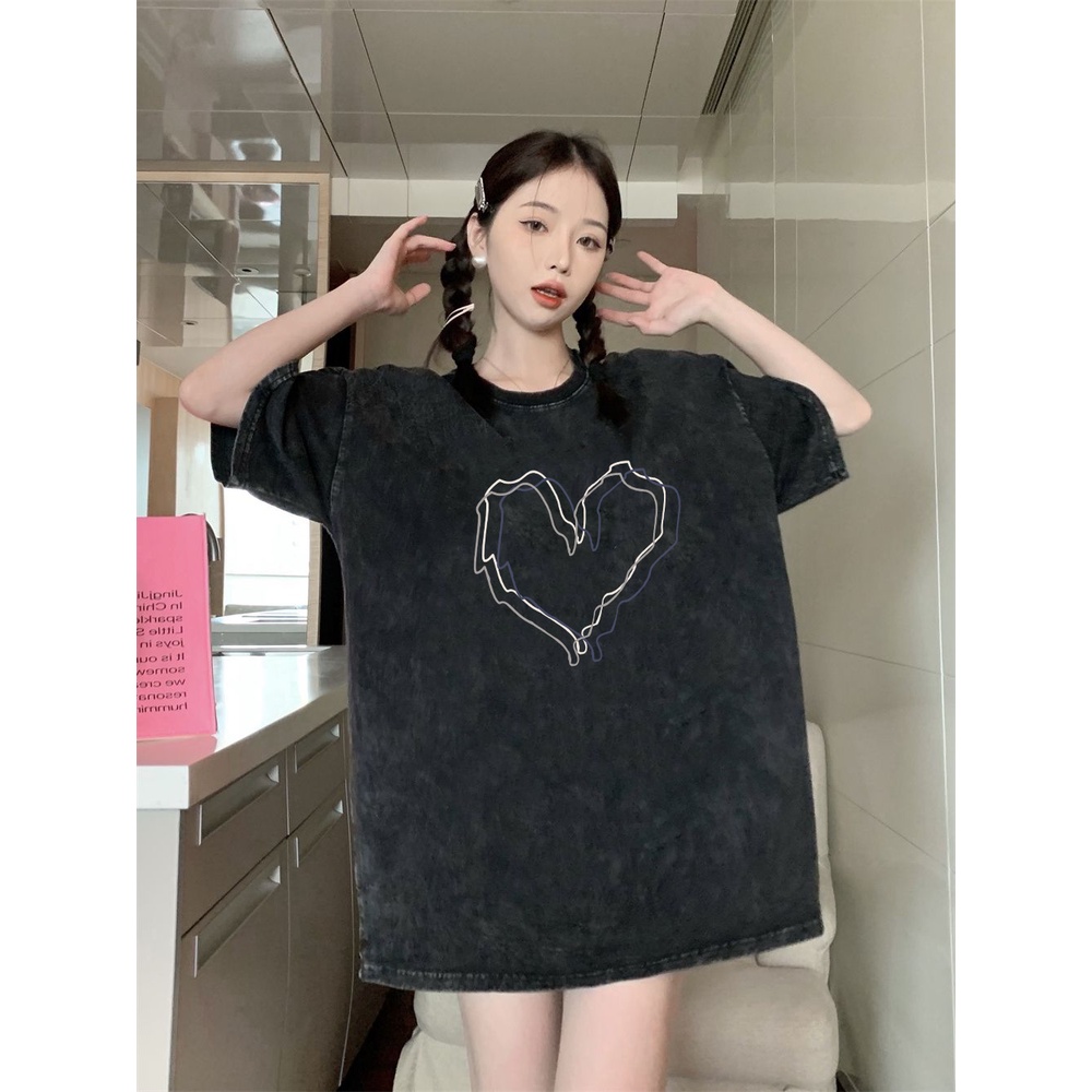 XIAOZHAINV Korean Style Heart Pattern Washed Printing Kaos Wanita