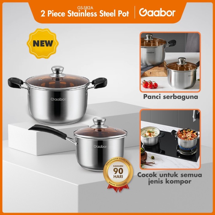 Terlaris Gaabor Panci 2 Set Stainless Steel Tutup Kaca Panci Sop & Susu/Gs-S82