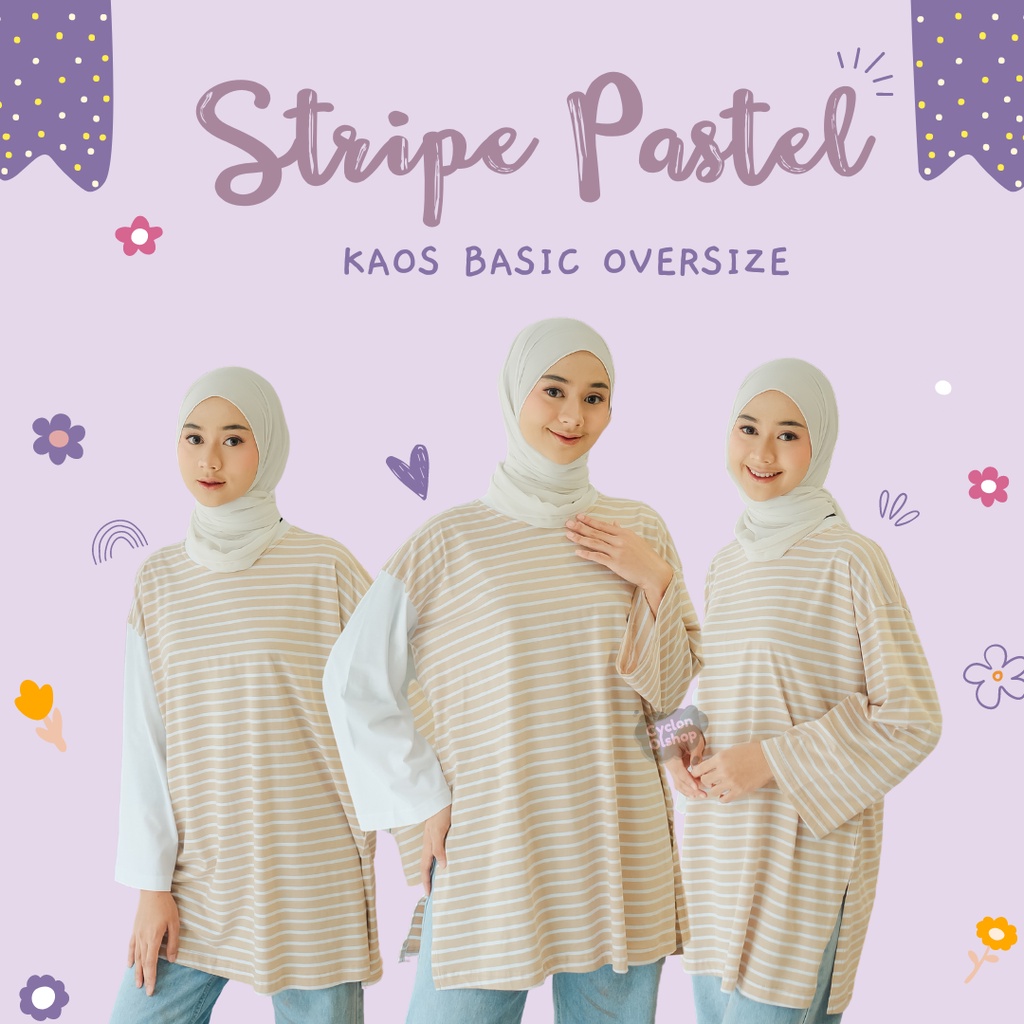 [CYC | COD] REAPICT | Kaos Basic Oversize Stripe Pastel | Cotton Combed | Atasan Trend Wanita Murah Best Seller