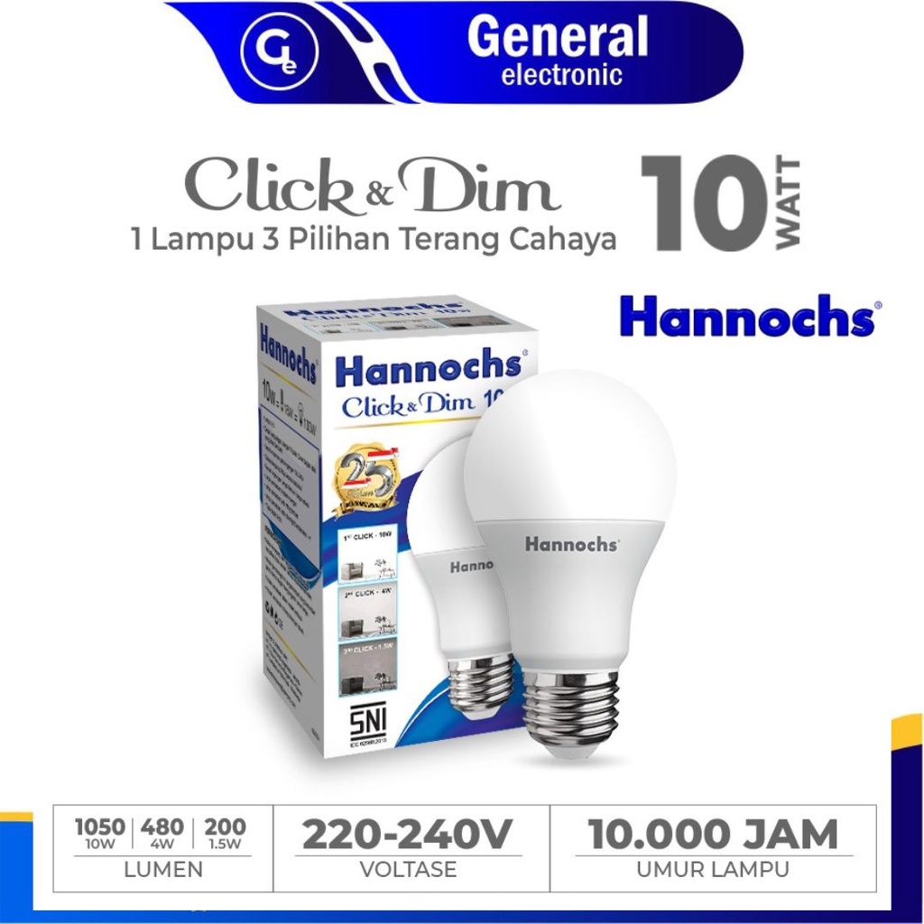 Hannochs - Lampu LED Click &amp; Dim - 10 watt - 3 tingkat kecerahan - cahaya Putih