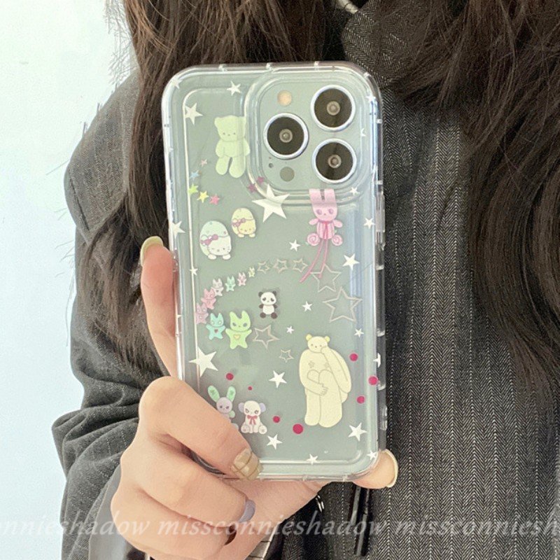 IPHONE Airbag Shockproof Clear Soft Silicon Case Kompatibel Untuk Iphone11 7 8 6 6s Plus 11 13 14 12 Pro MAX XR X XS MAX SE 2020 Ins Graffiti Kartun Lucu Lovely Star Bear TPU Penutup Belakang