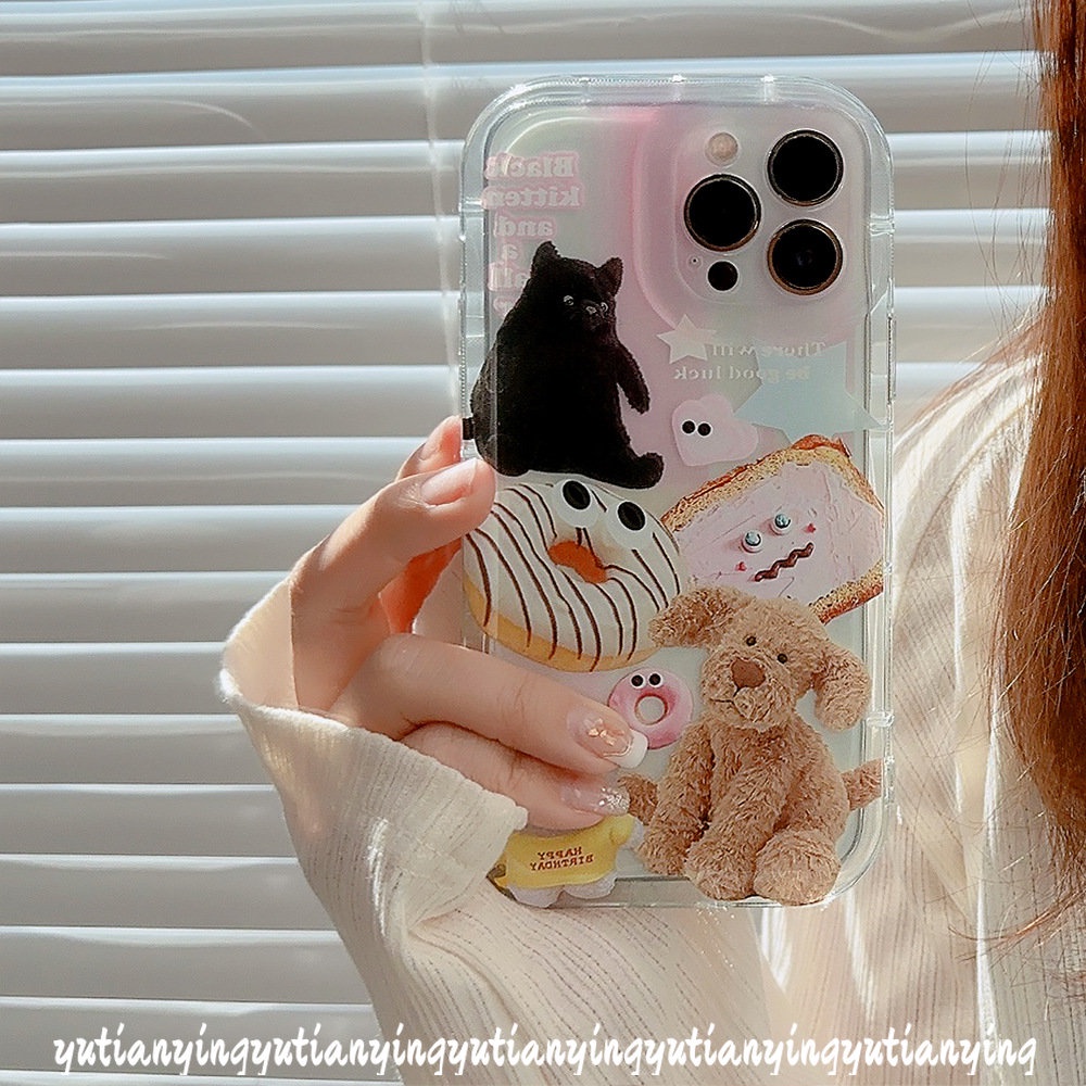 IPHONE  Ins Hewan Lucu Stiker Ponsel Case Kompatibel Untuk Iphone6 6S 7 8 Plus XR 11 13 14 12 Pro Max X XS MAXCartoon Boneka Beruang Anjing Kucing Transparan Airbag Shockproof Lembut TPU Penutup Belakang