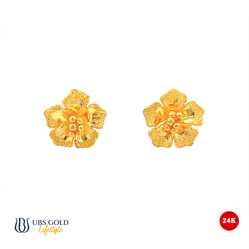 [24 karat] Anting bunga emas asli 999 emas kuning giwang tusuk