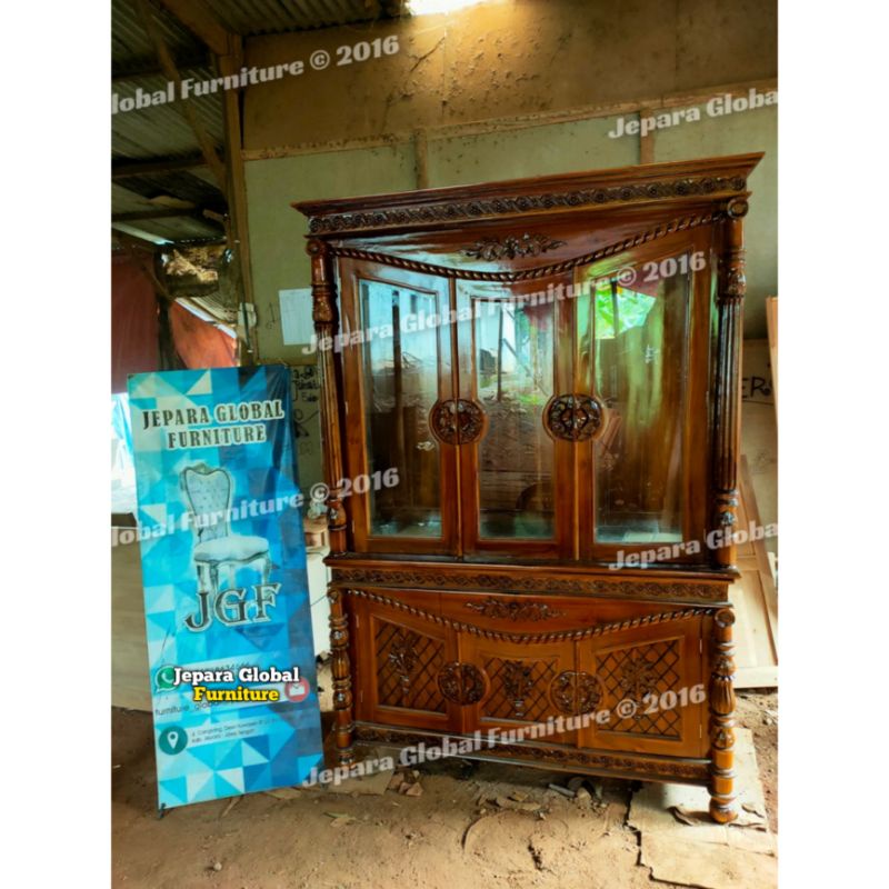 Lemari Hias jati kaca ukir tambang Termurah (bufet tumpuk,bufet jati,lemari ukir jati )