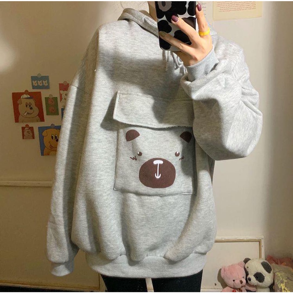 SWEATER HOODIE POCKET BEAR OVERSIZE / SWEATER HOODIE WANITA KOREAN STYLE