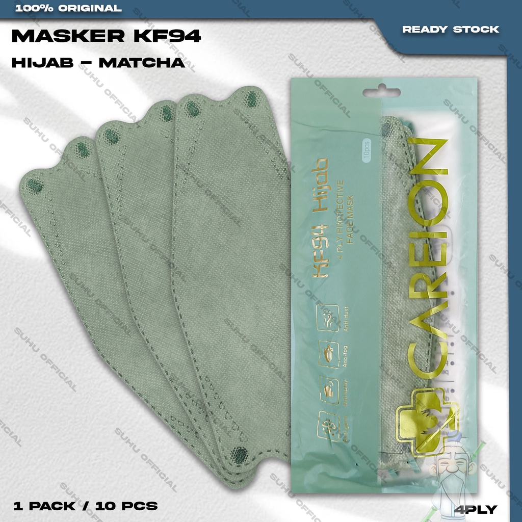 Masker KF94 Hijab CAREION 4Ply 10Pcs Warna Matcha Headloop KF 94 4 Ply