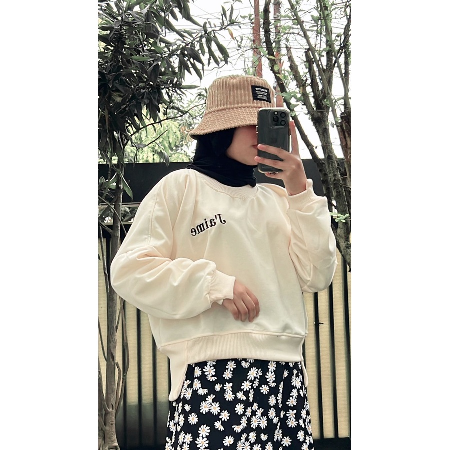 AIME BORDIER SWEATER CREWNECK WANITA OVERSIZE BAHAN FLEECE