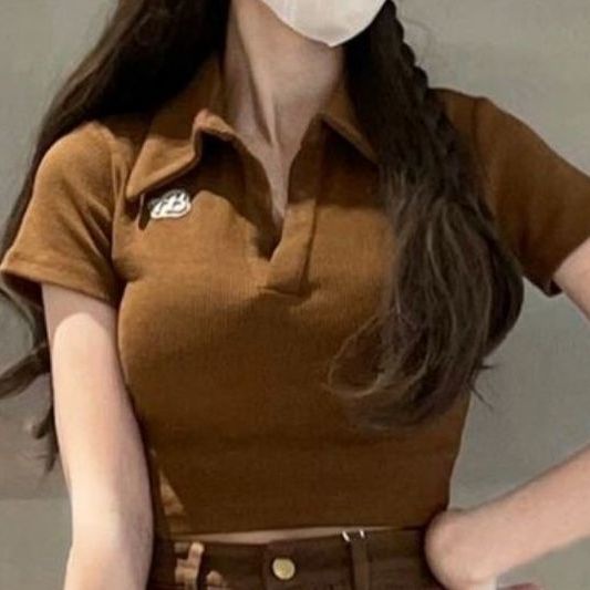 Red American Retro Polo Kerah Lengan Pendek T-shirt Wanita In Tide Keinginan Murni Angin Bm Panas Manis Gadis Pendek Pusar chic Top Musim Panas