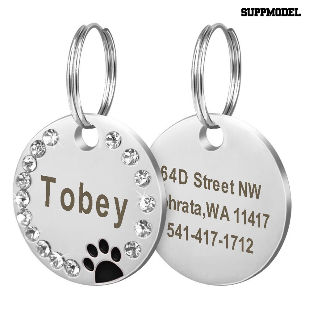 [SM] 25mm Metal Blank Dog Tag Paw Berlian Imitasi Kucing Peliharaan ID Nama Grafir Gantungan Kunci Rantai