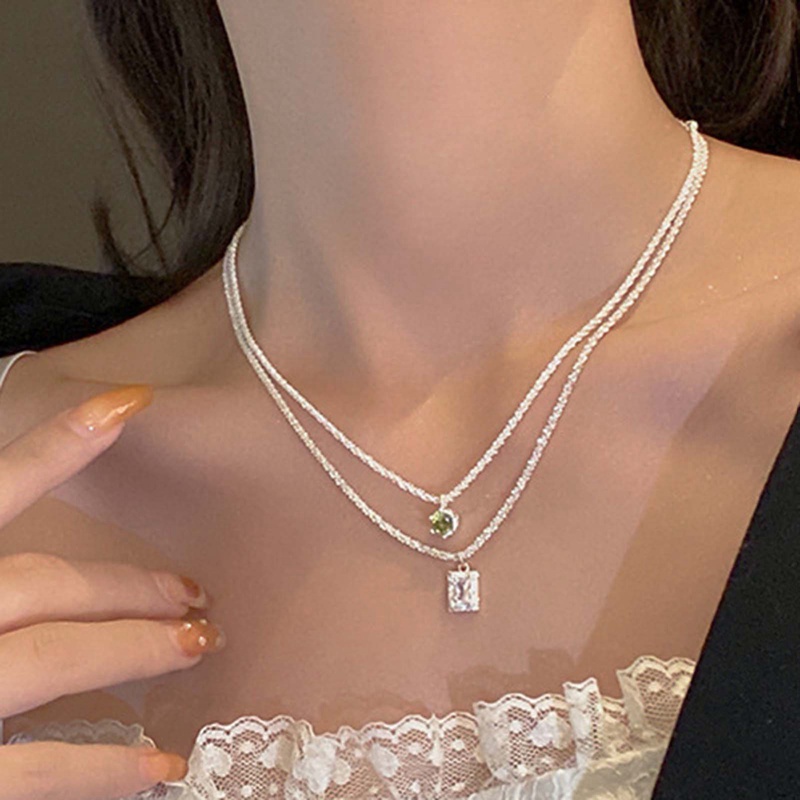 Vintage925 Sterling Silver Kalung Berkilau Klavikula Rantai Berlian Hijau Gypsophila Liontin Kalung Perhiasan Pernikahan Wanita