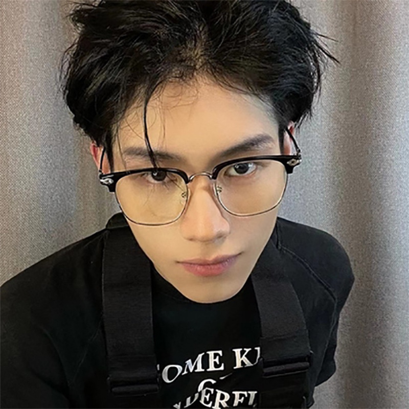 (YUZHU) Kacamata Bingkai Alis Logam Pria Oversized Square Frame Anti Blue Light Eyeglasses Women Dapat Dilengkapi Dengan Half Frame Eyeglasses