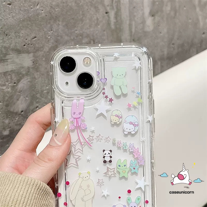 Airbag Shockproof Phone Case Kompatibel Untuk iPhone 7plus XR 11 14 13 12 Pro MAX 7 8 6 6S Plus X XS MAX 8plus SE 2020 Ins Korea Kartun Bintang Lucu Beruang Kitty TPU Lembut Bening Cover