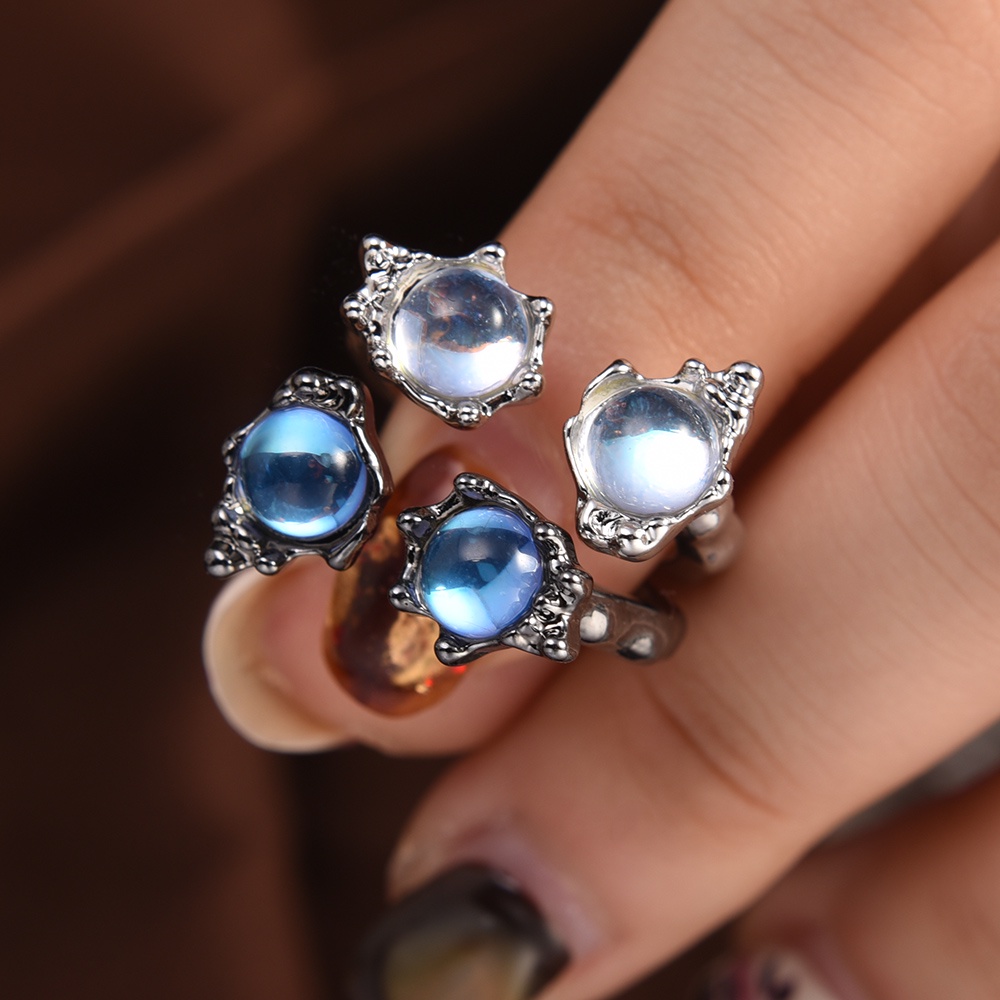 Ladies Fashion Perhiasan Indah Hadiah Pesta Cincin Wanita Pernikahan Pasangan Cincin Bertatahkan Zirkon Dapat Disesuaikan Terbuka Elegan Logam Moonstone Jari Cincin