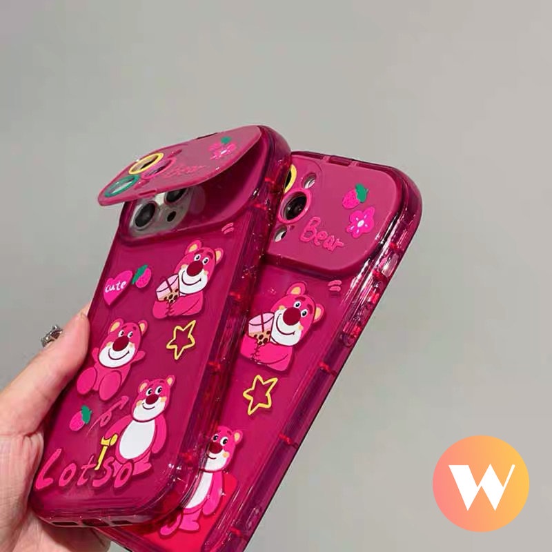 Flip Make Up Cermin Lembut Rose Red Case Kompatibel Untuk IPhone 7Plus 11 13 12 14 Pro Max XR 8Plus X XS Max SE 2020 Kartun Lucu Strawberry Bear Manyo Back Full Cover