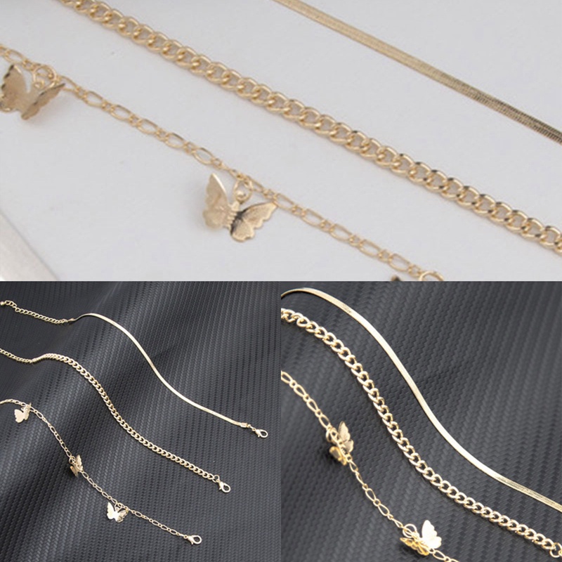 3 Pcs/Set Retro Kupu-Kupu Gelang Kaki Set Korea Multilayer Emas Wanita Gadis Perhiasan Aksesoris Hadiah