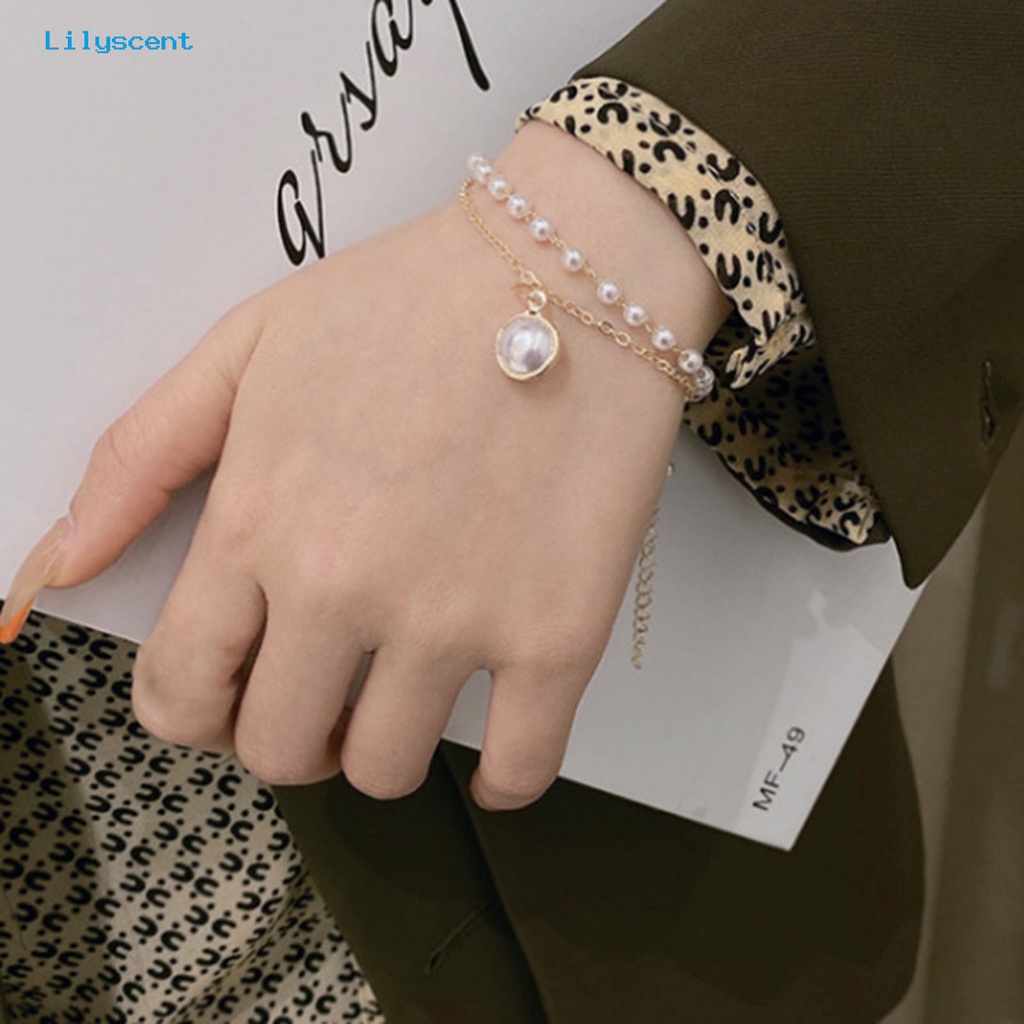 [LS] Kalung Lingkaran Double-layered All-match Elegan Nyaman Electroplating Faux Pearls Women Bracelet Untuk Pacaran