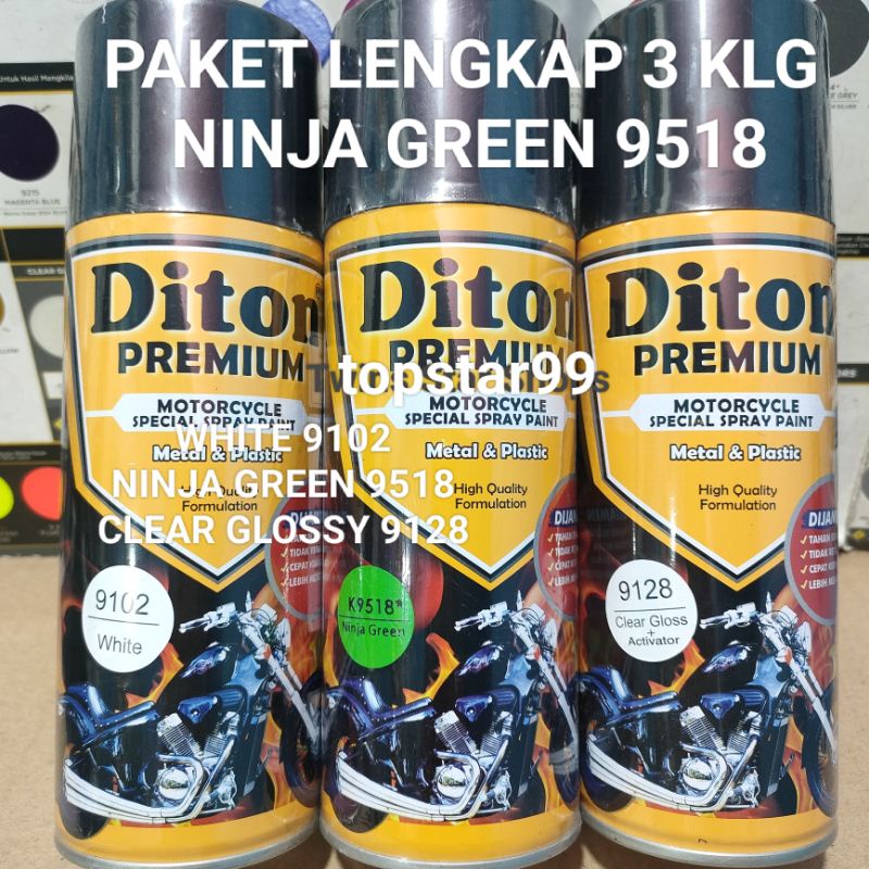 Diton Premium Paket Lengkap 3 Kaleng 400cc Hijau Ninja Green 9518 White 9102 Clear Glossy 9128 Pilox Pilok Cat Semprot Spray Paint