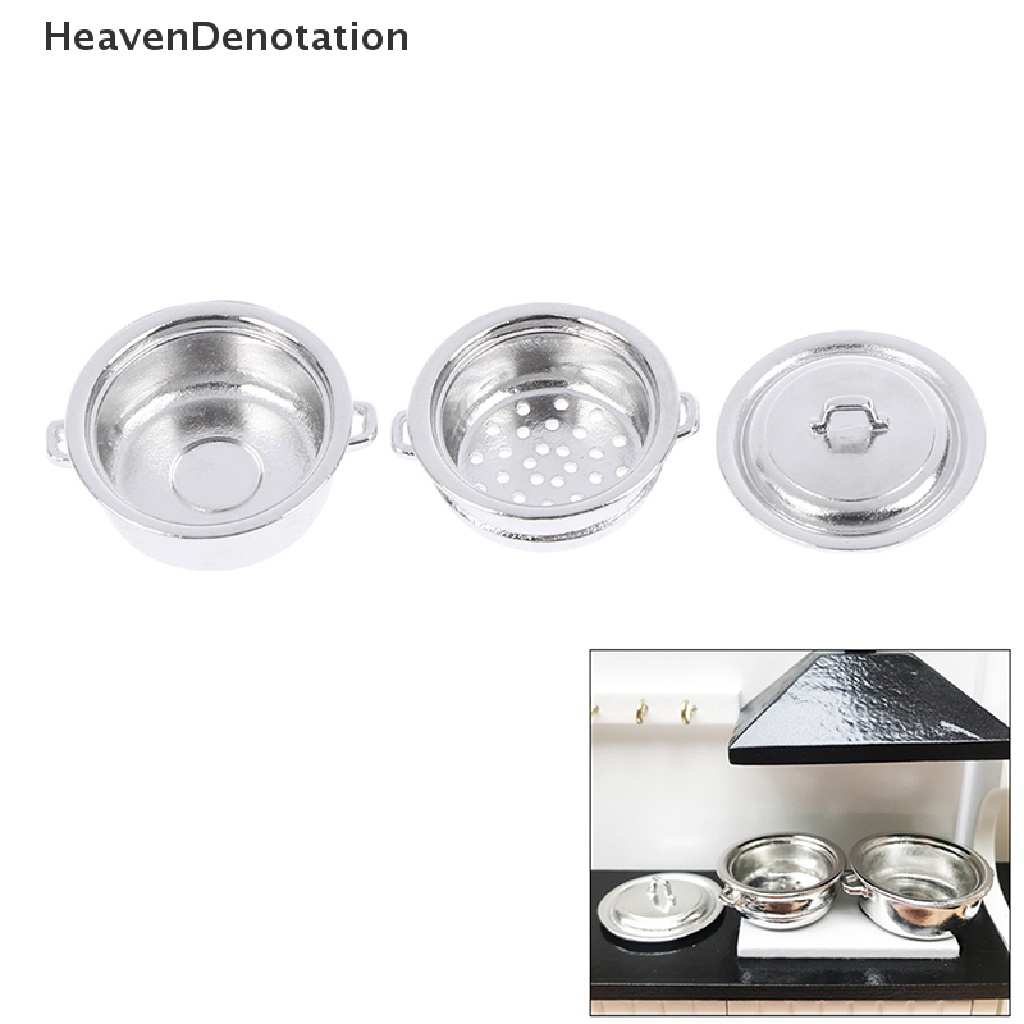 [HeavenDenotation] 1: 12 Dollhouse Miniature Metal Steamer Pot with Cover Set Kitchen Accessories HDV