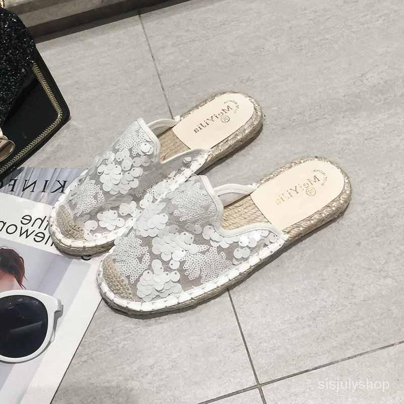 #Sisjuly# Sandal wanita baru bawah datar wanita retro paket kepala setengah sandal fashion payet sep