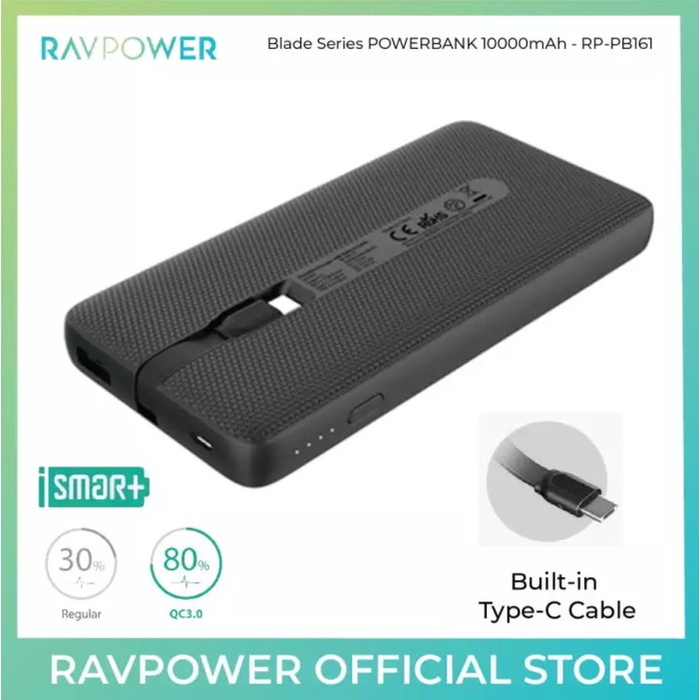 Portable Ravpower Powerbank 10000Mah Pd18W+Qc3.0 With Built In Type C[Rp-Pb161]