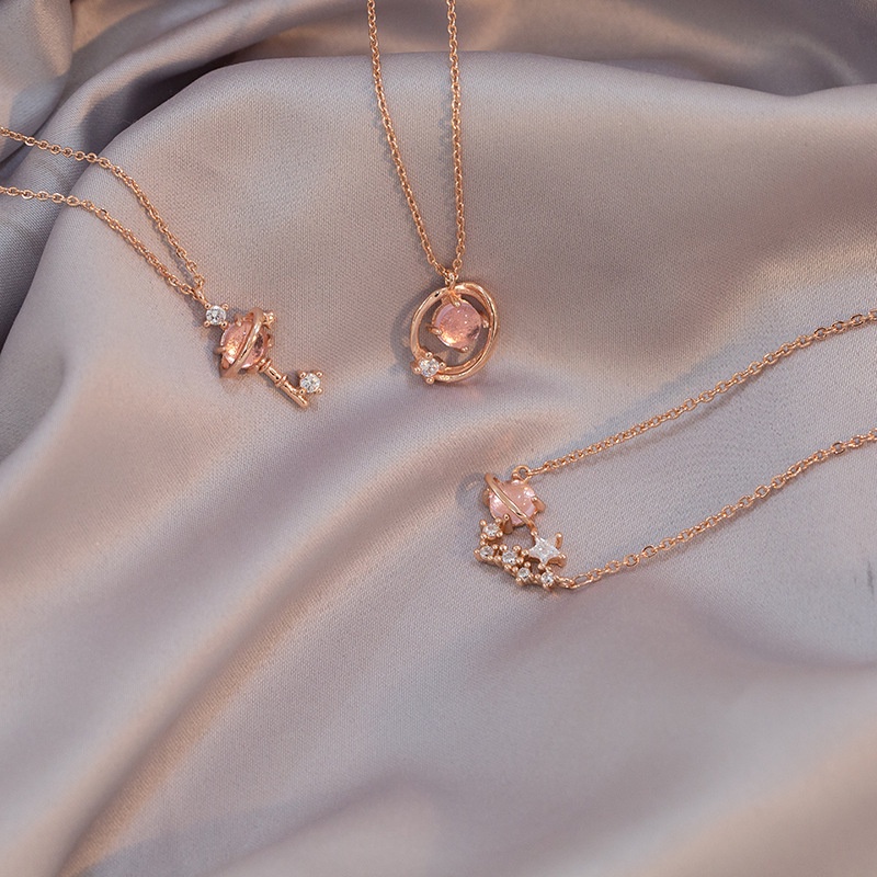 Fashion Kalung Rantai Kristal Pink Untuk Wanita Aksesoris Perhiasan Liontin Zirkon Elegan