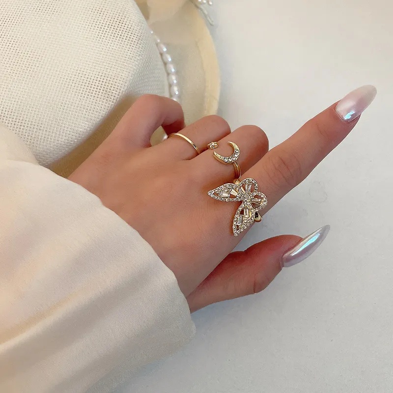 5pcs/set Fashion Berongga Kupu-Kupu Cincin Set Pembukaan Adjustable Jari Cincin Wanita Indah Kristal Berlian Bintang Bulan Butterfly Rings Sederhana Elegan Vintage