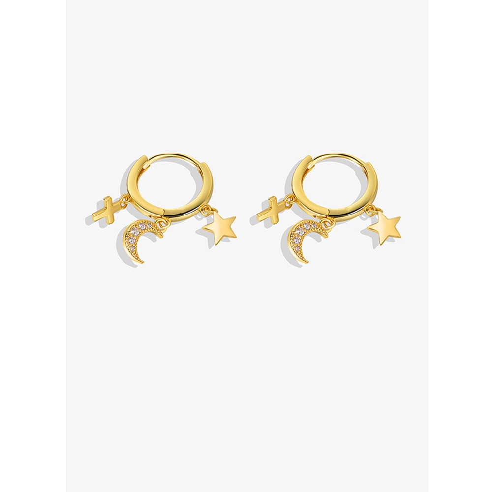 Fashion Anting Drop Salib Bulan Bintang Kecil Warna Silver Untuk Wanita Perhiasan Geometris