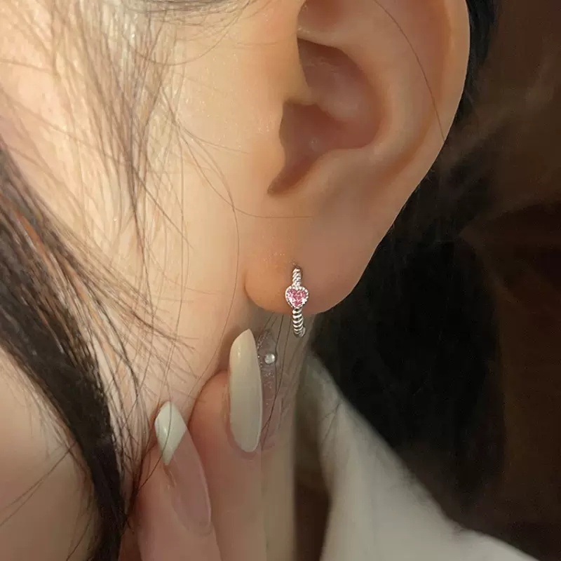 Roselife Korean 2 Pcs Silver Pink Rhinestone Heart Hoop Earrings for Women Girls Zircon Twisted Circle Round Earring Jewelry Gift