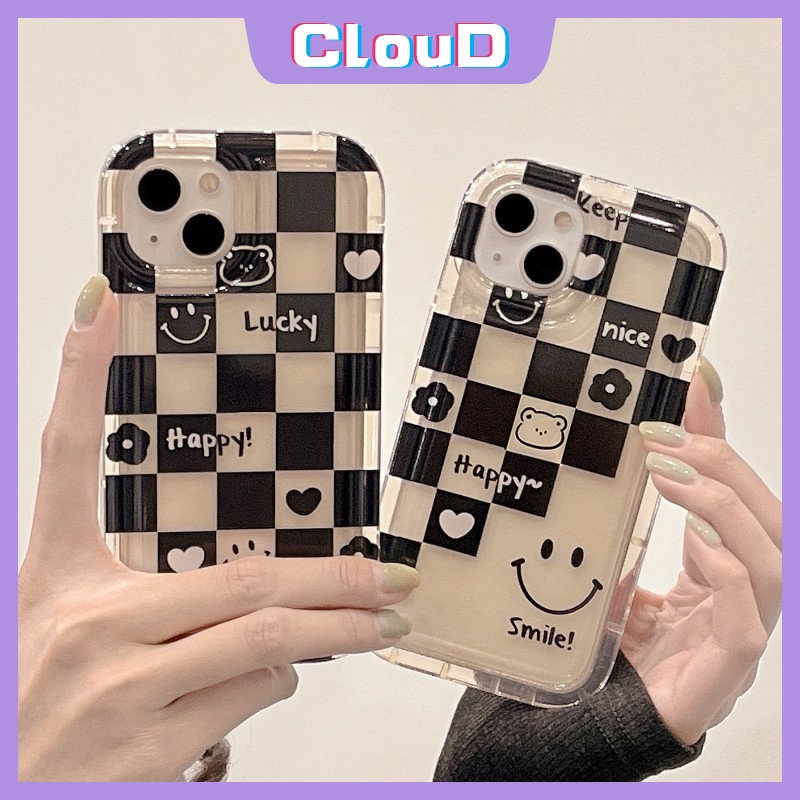 IPHONE Pasangan Chessboard Cinta Hati Case Kompatibel Untuk Iphone7 6s 8 6 Plus XR X13 11 12 14 Pro Max XS Max SE 2020 Smiley Lucu Shockproof Airbag Lembut Tpu Bunga Cover