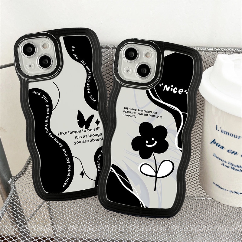 Casing OPPO A17K A15 A17 A16 A55 A54 A76 A96 A95 A5 A9 A16s A74 A52 A5s A7 A12 A57 A77 A16K A3s A77s A1k A53 Reno 8Z 7 8 7Z 6 Black Retro Flower Butterfly Wavy Edge Soft Back Sarung