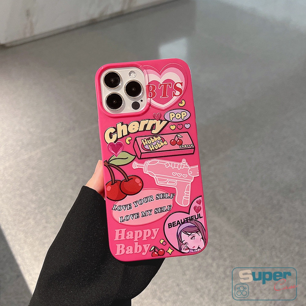 IPHONE Permen Glossy Case Kompatibel Untuk Iphone7 8 Plus XR 11 13 14 12 Pro Max X XS Max SE 2020 Rose Red Label Kartun Cherry Kamera Perlindungan Tahan Guncangan Lembut TPU Silicon Back Cover