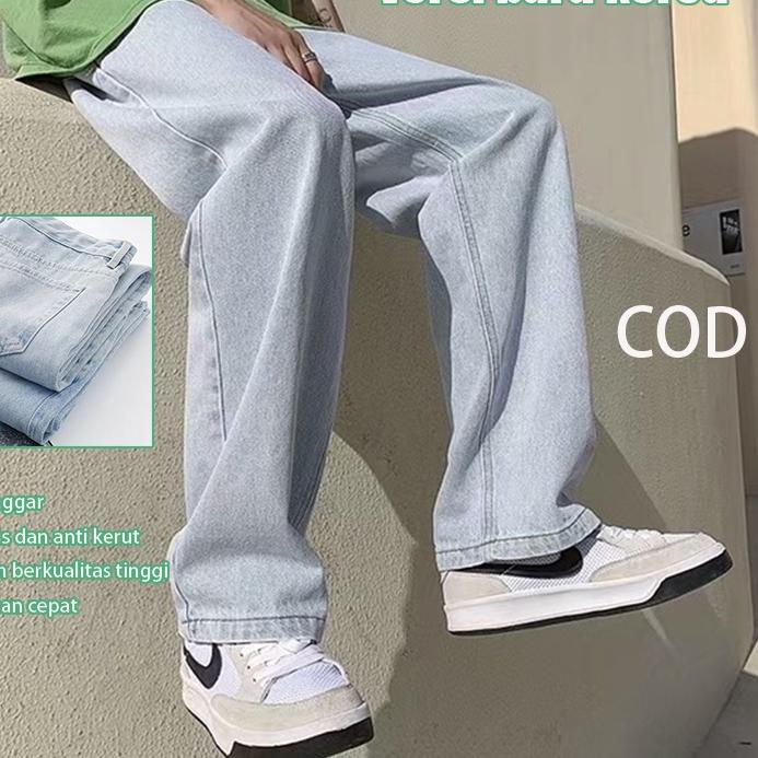 Terkini Korean style jeans biru celana panjang pria kulot jeans loose pants boyfriend jeans oversize