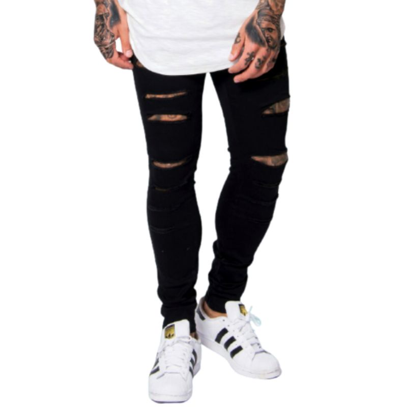 CELANA SOBEK PRIA RIPPED JEANS ROBEK SLIMFIT PENSIL SKINNY STRETCH PANJANG HITAM PREMIUM 27-38