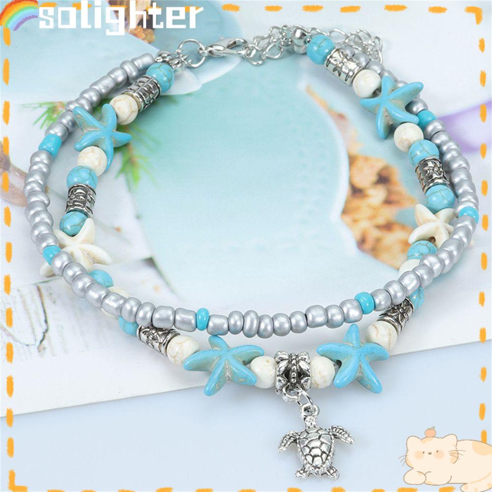 Solighter Turtle Gelang Kaki Shell Bintang Laut Adjustable Double-deck Drop Rantai Ocean Pendant Couple Anklet Foot Chain