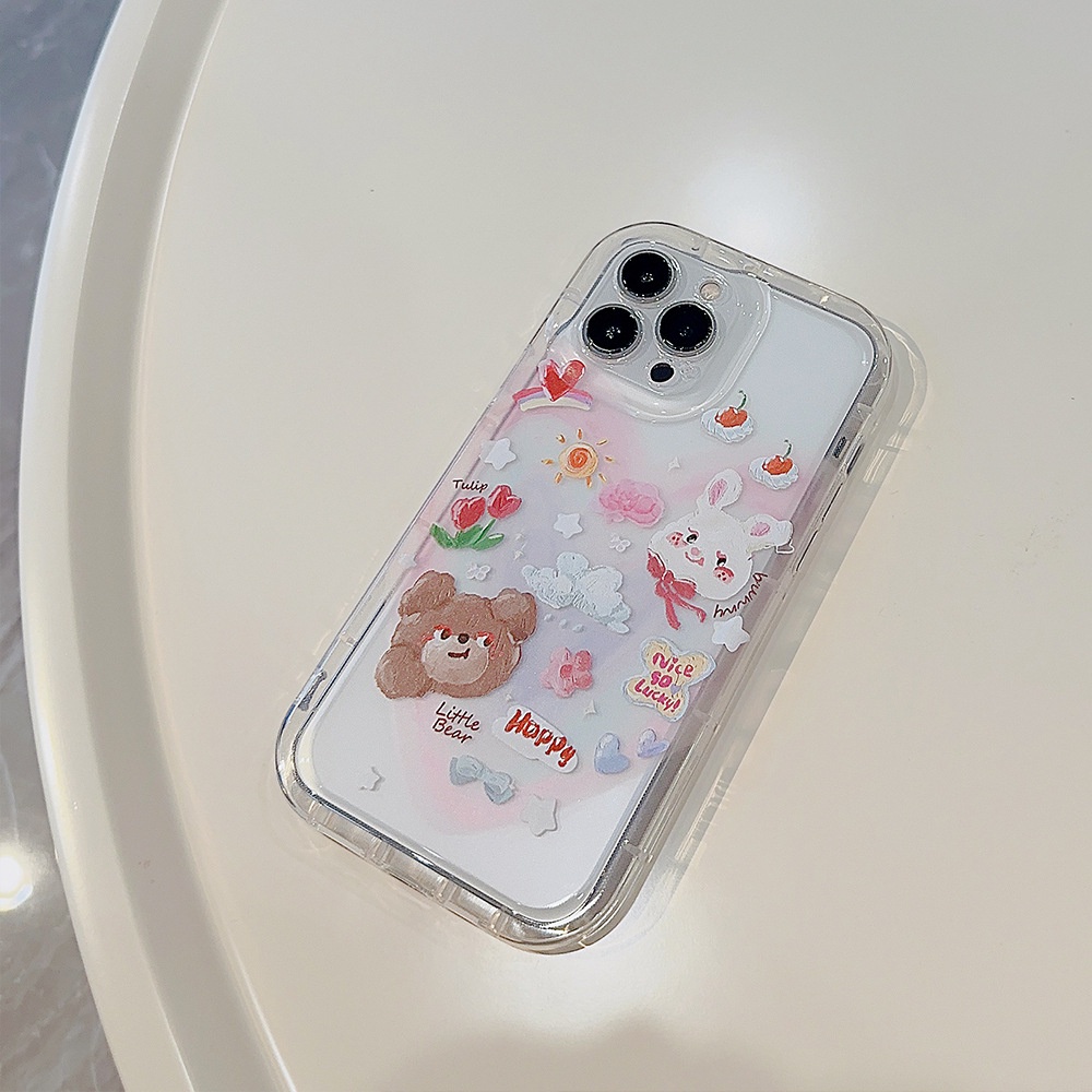 IPHONE Ins Hewan Lucu Lukisan Minyak Beruang Dan Kelinci Shockproof Transparan Ponsel TPU Soft Case Cover Untuk Iphone11 12 13 14 PRO MAX