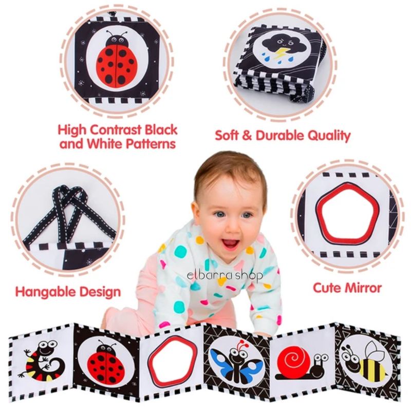 Mainan Edukasi Sensori Buku Kain Panjang Mirror Gantung Hitam Putih Kontras Boks Tempat Tidur Bayi Crib Bumper Cloth Soft Book Black White High Contrast Montessori Softbook Tummy Time Baby Folding Book Buku Bantal Lipat Cermin Kado Bayi