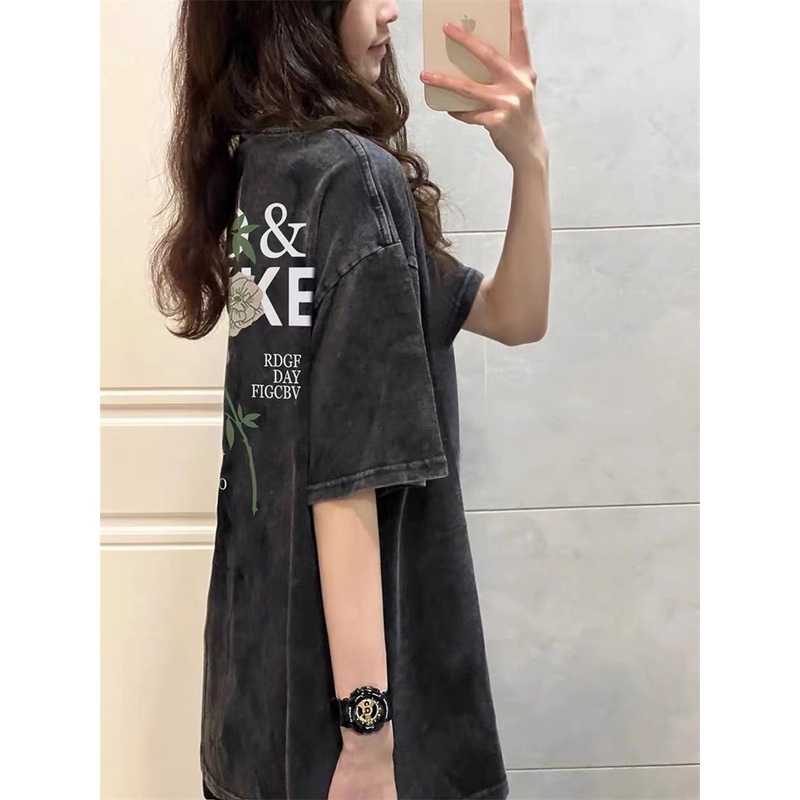 EUNII T-shirt Lengan Pendek Black Washed Vintage White Rose Printing Korean Style/Kaos Atasan Wanita/Baju Wanita