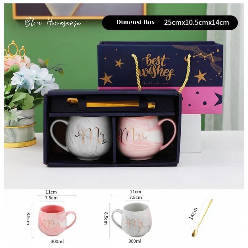 Set Gelas Mug Marble Couple Mr Mrs Gift Set Hadiah Wedding Hampers Cantik Mewah