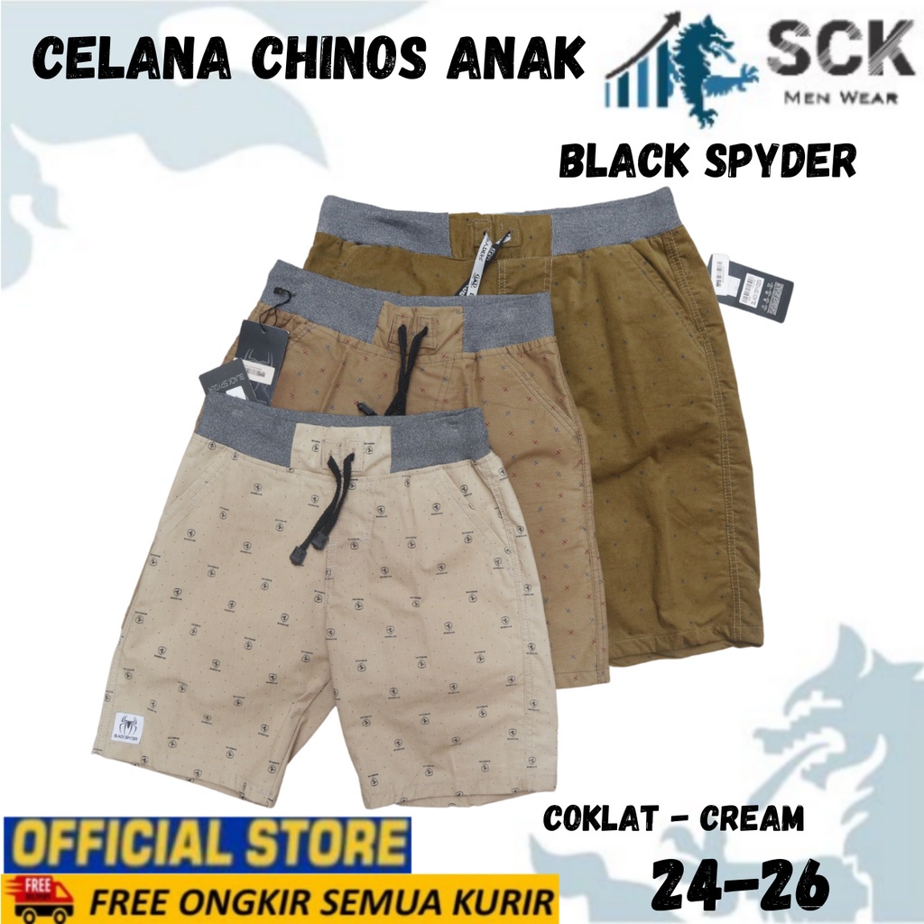 Celana Pendek Anak Chinos BLACK SPYDER Motif Aneka Warna size 24-26 Pinggang Karet Usia 2-8Th - sckmenwear GROSIR