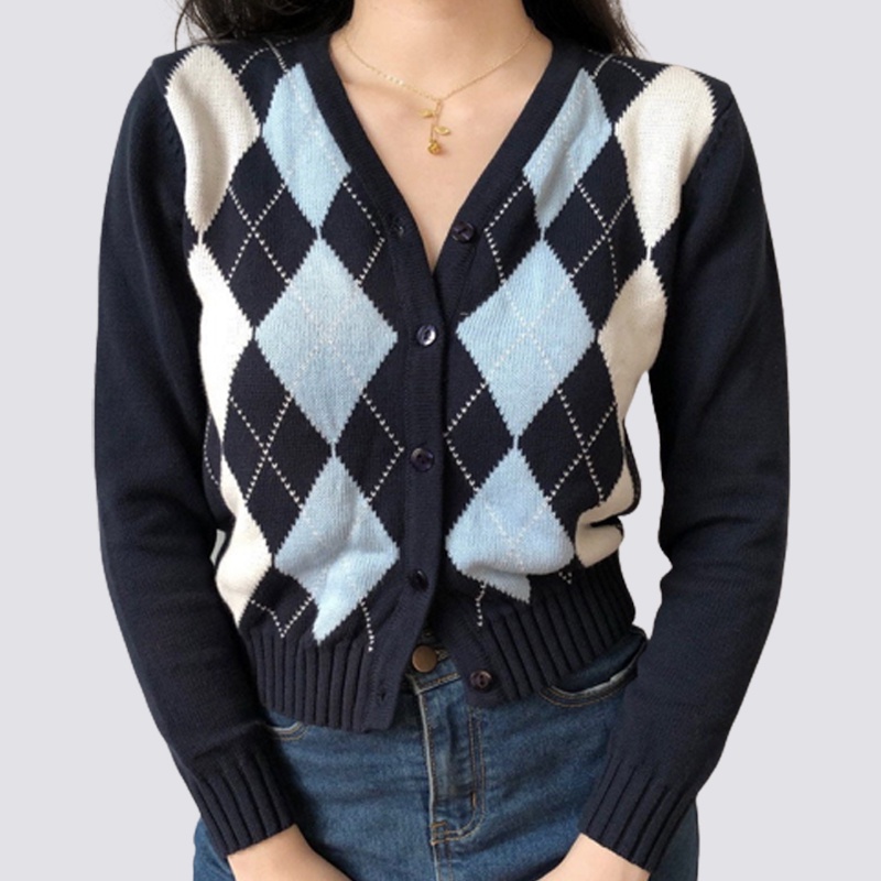 XIAOZHAINV Cardigan Rajut Wanita Korean style Kotak-Kotak Lengan Panjang HW0061