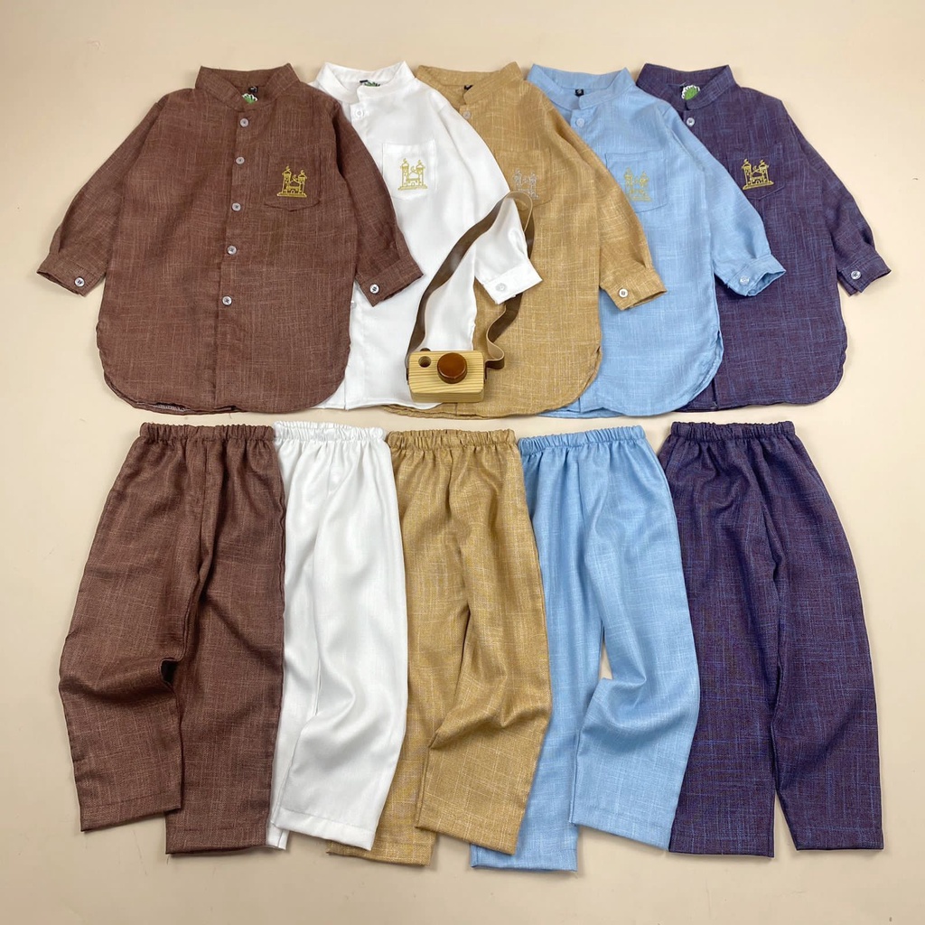 Setelan Baju Kurta Koko Kemeja Anak Laki Linen Bordir 1-11 Tahun