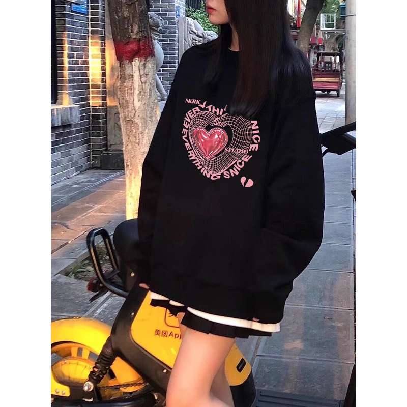 American Vintage LOVE Pattern printing Overszie Sweater baju Sweater wanita/sweater hitam