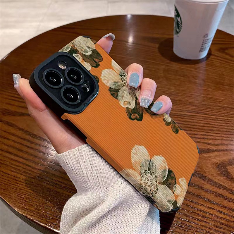 【Lamb Skin】Vertical Grain Soft Case for IPhone 6S 7 Plus 8 Plus X XS XR XS Max 11 13 12 14 PRO Max 14 Plus Orange Yellow Gardenia Flower