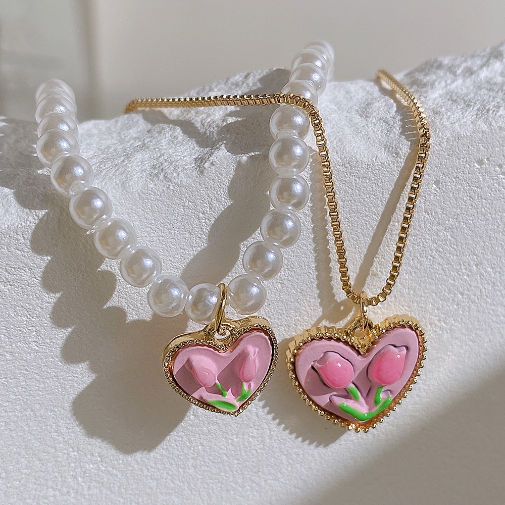 Fashion Retro Mutiara Kalung Indah Pink Cinta Hati Tulip Liontin Double Layer Kalung Untuk Wanita Perhiasan Aksesoris