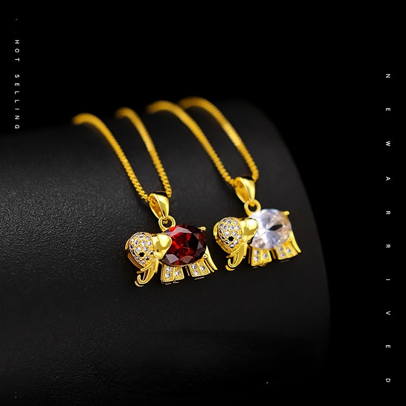 Goldkingdom Perhiasan Fashion Emas Asli Kadar 375Bangkok Aksesoris Ready Stock Wanita Zirkon Pendek Berlian Emas Gajah Liontin Kalung