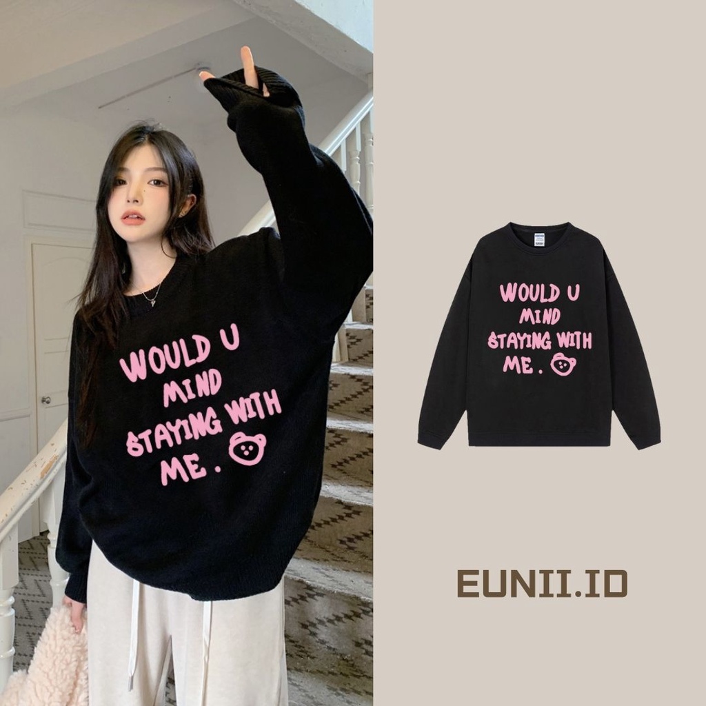 EUNII Sweater Lengan Panjang Cute Pink English Korean Style/Sweater Crop/Baju Wanita/Switer Wanita/Switer