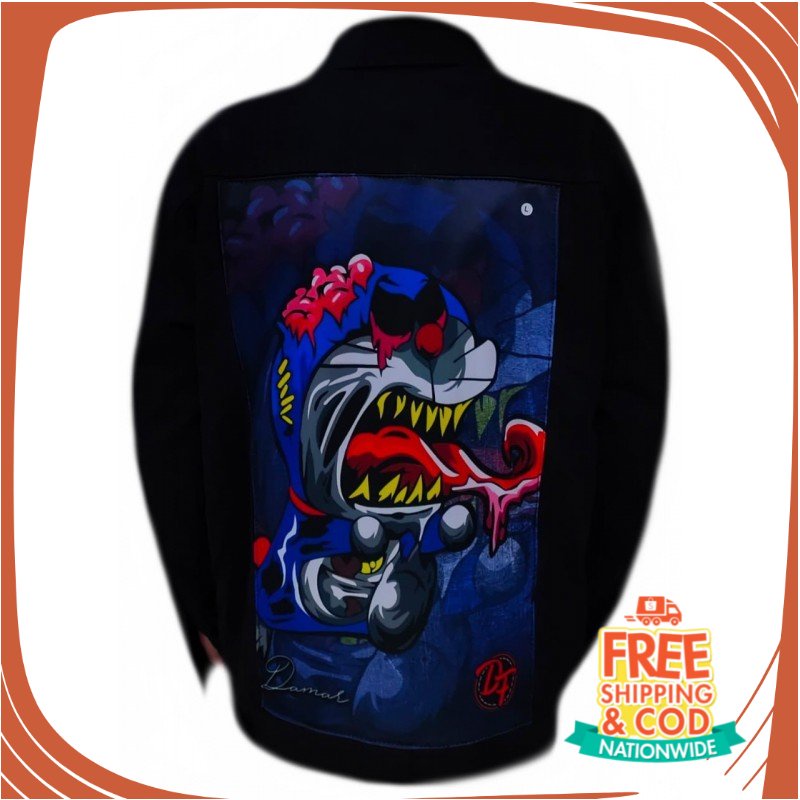 JAKET JEANS NEW BREND DENIM UNISEX/ jaket denim printing hitam doraemon lick | S014