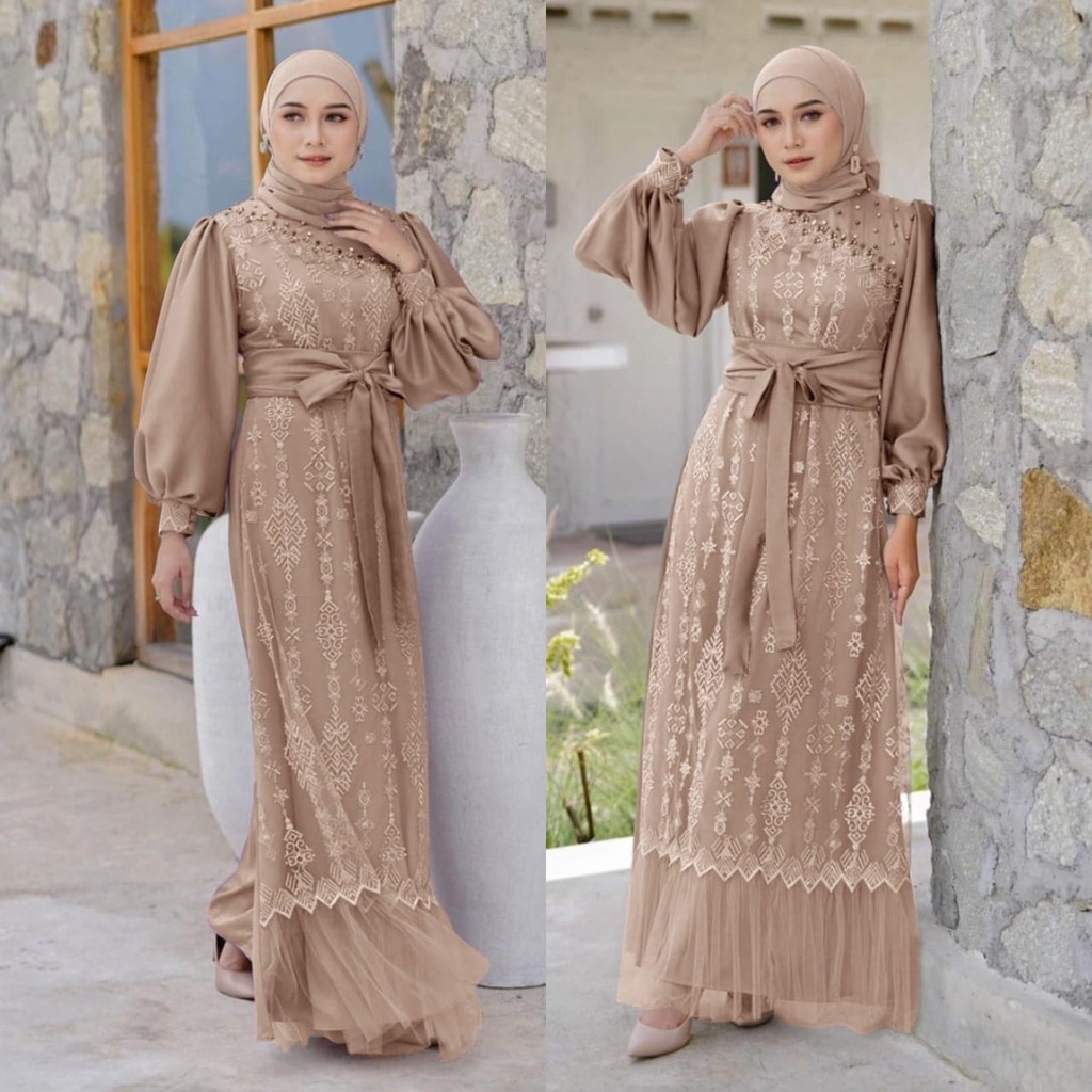 Zaina Dress Baju Gamis Brukat Tile Remaja Dewasa Seragam Pesta Wanita Muslim - Sage Green Hijau Sage